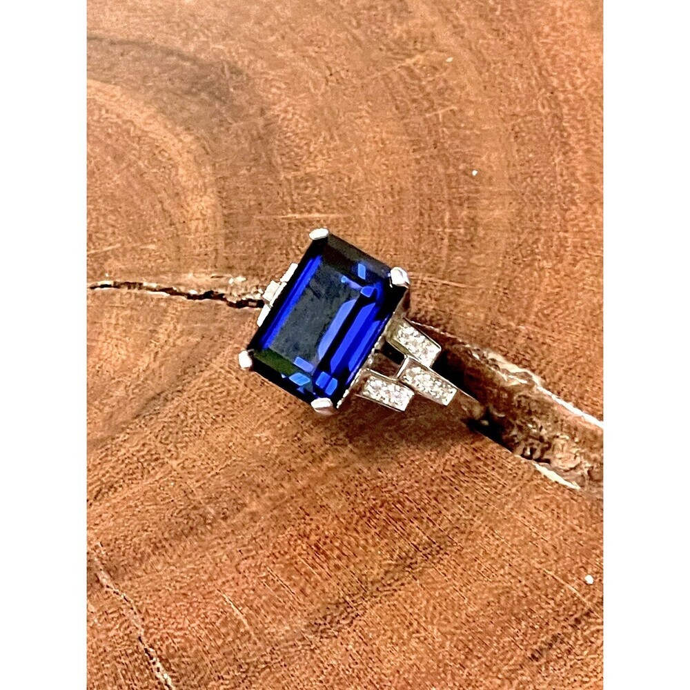Genuine Emerald Cut Lab-Created Sapphire Set in Ring 925 Sterling Silver - Picture 5 of 13